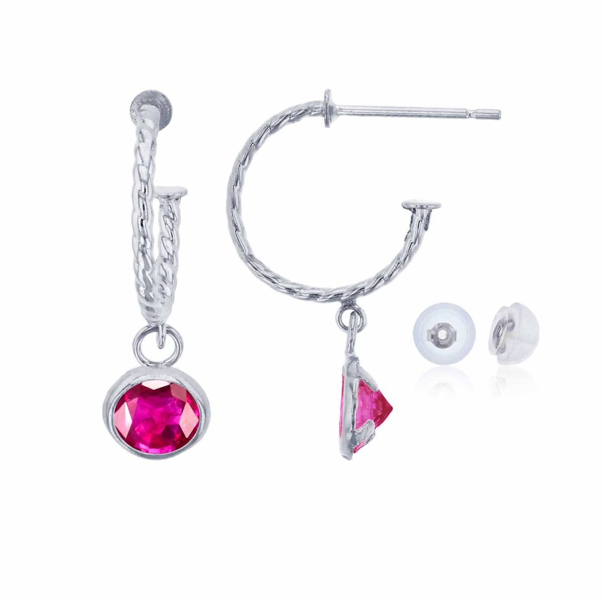 14K White Gold 12mm Rope Half-Hoop with 5mm Rd Glass Filled Ruby Bezel Drop Earring with Silicone Back