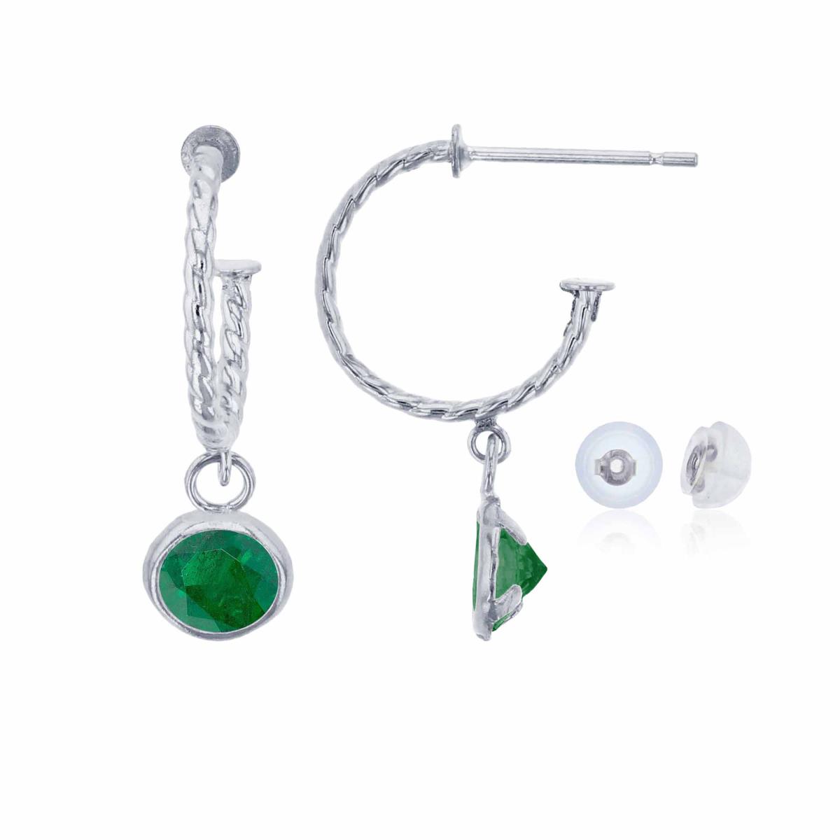 14K White Gold 12mm Rope Half-Hoop with 5mm Rd Emerald Bezel Drop Earring with Silicone Back