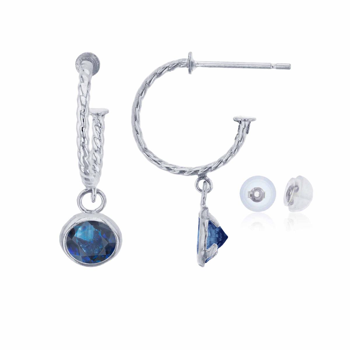 14K White Gold 12mm Rope Half-Hoop with 5mm Rd Sapphire Bezel Drop Earring with Silicone Back