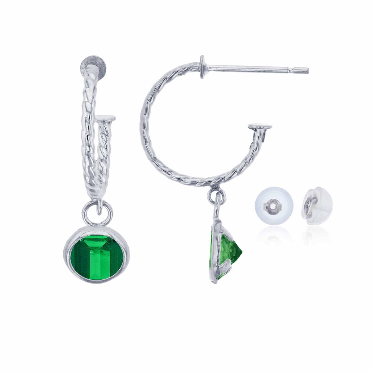 14K White Gold 12mm Rope Half-Hoop with 5mm Rd Created Emerald Bezel Drop Earring with Silicone Back