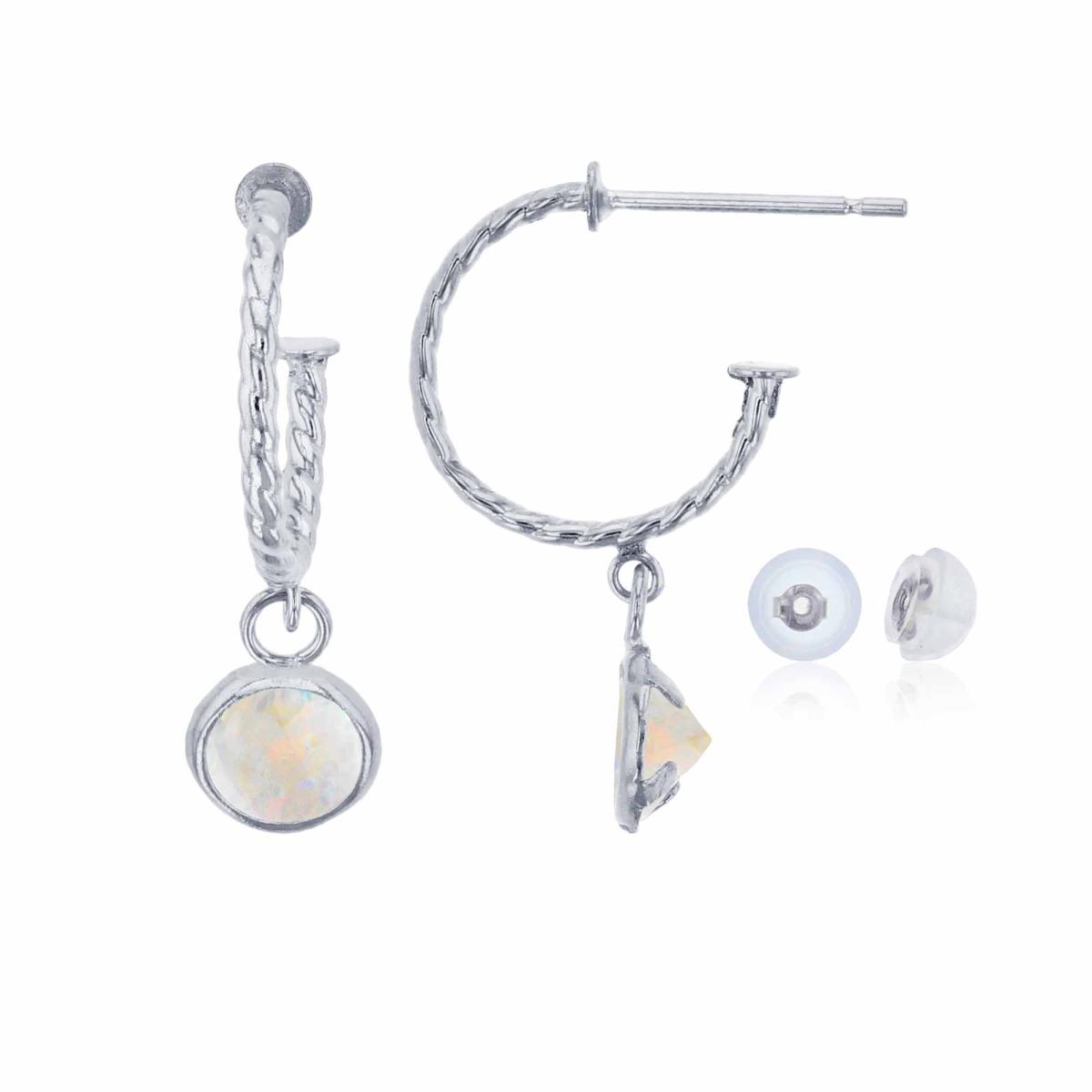 14K White Gold 12mm Rope Half-Hoop with 5mm Rd Created Opal Bezel Drop Earring with Silicone Back