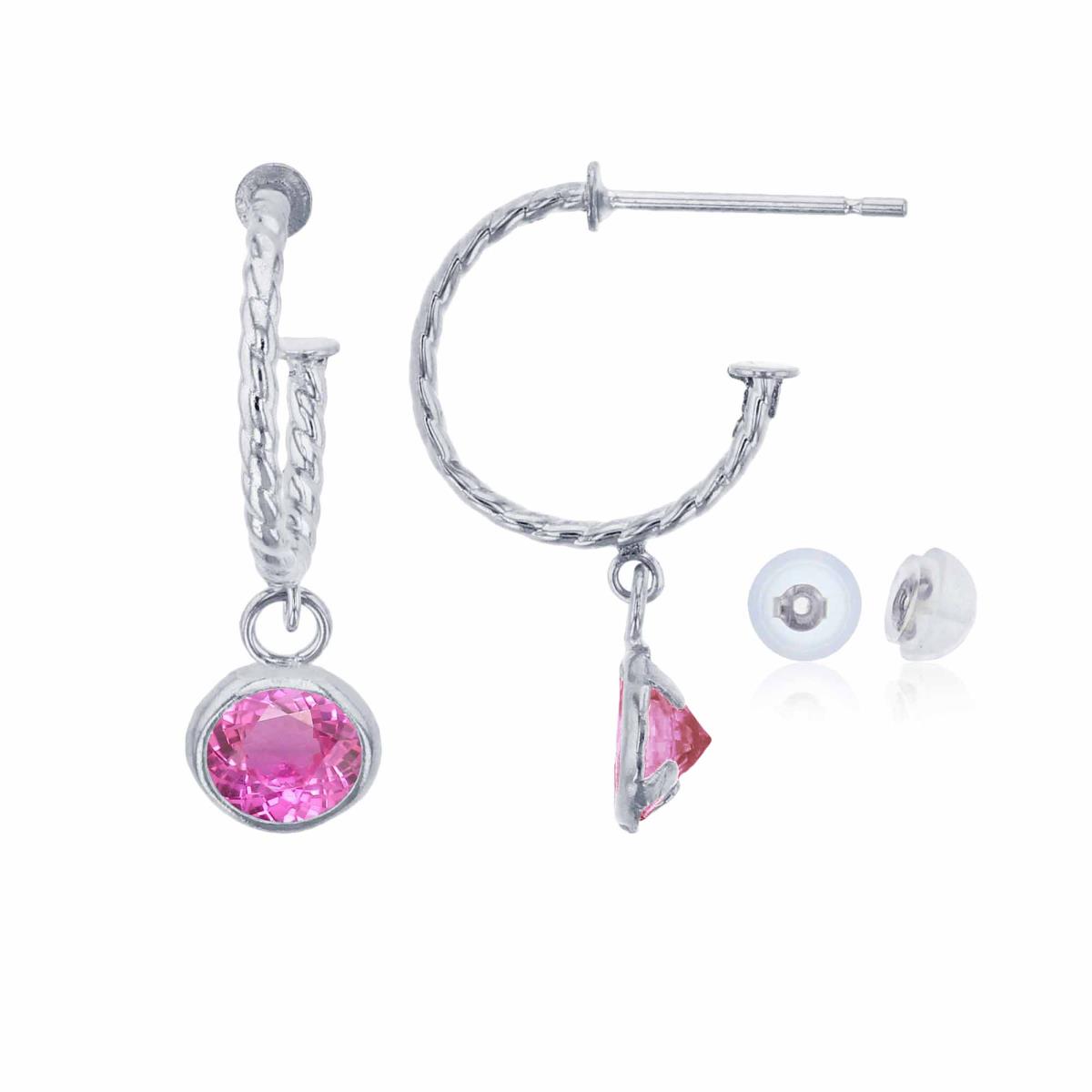 14K White Gold 12mm Rope Half-Hoop with 5mm Rd Created Pink Sapphire Bezel Drop Earring with Silicone Back