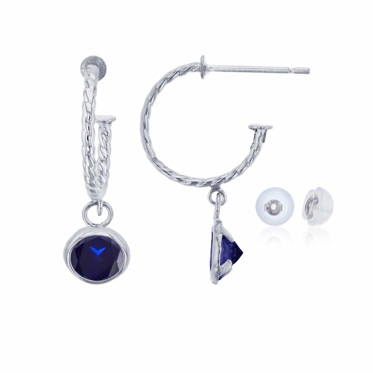 14K White Gold 12mm Rope Half-Hoop with 5mm Rd Created Blue Sapphire Bezel Drop Earring with Silicone Back