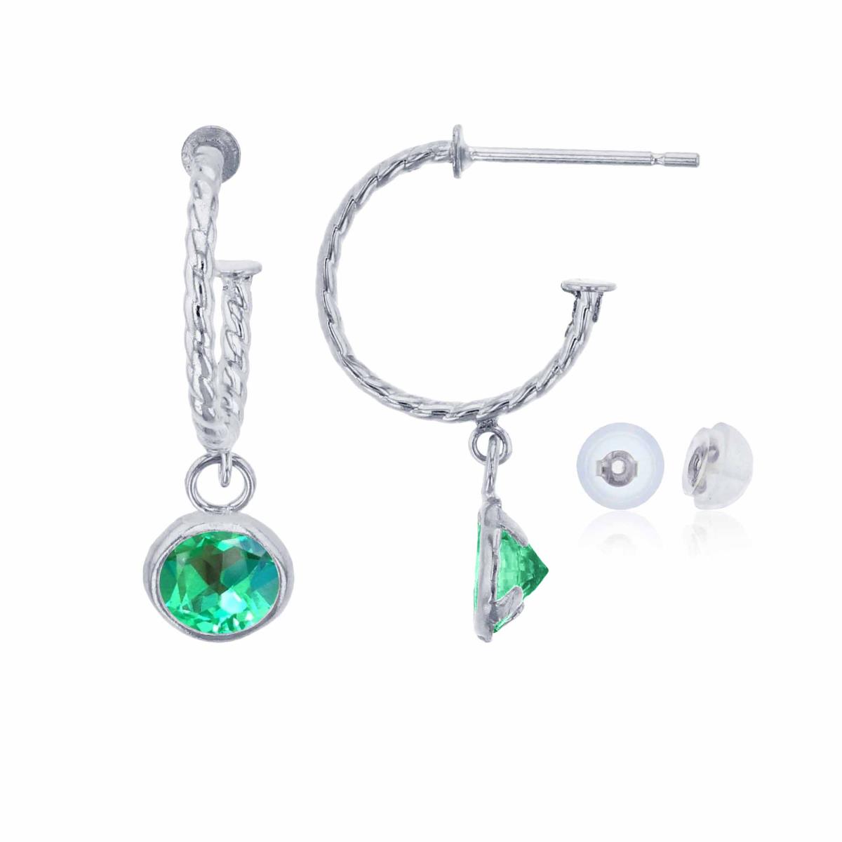 14K White Gold 12mm Rope Half-Hoop with 5mm Rd Created Green Sapphire Bezel Drop Earring with Silicone Back