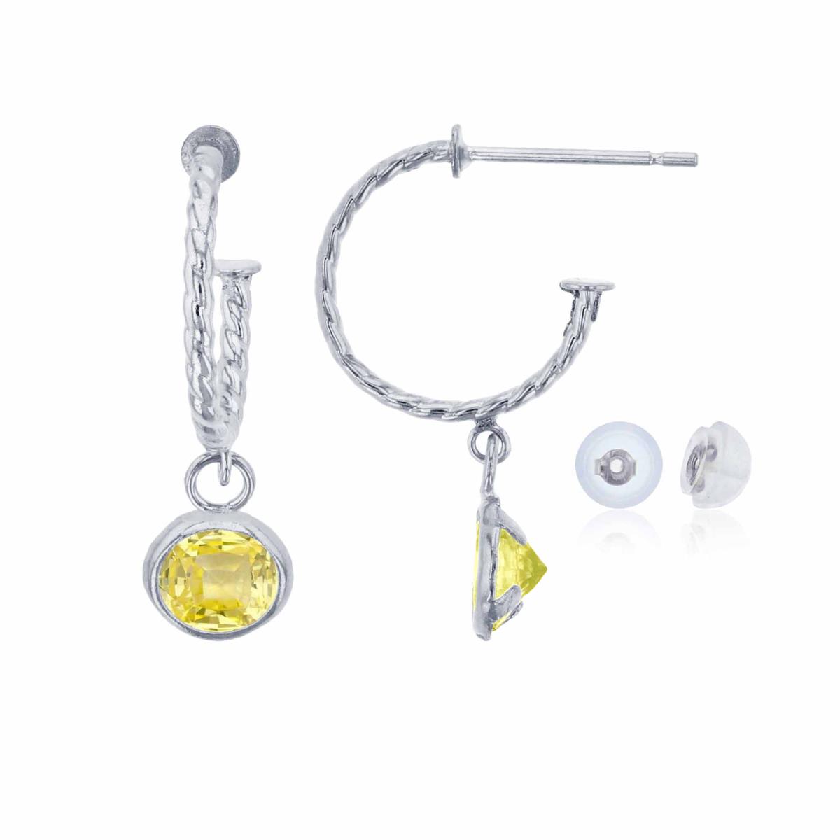 14K White Gold 12mm Rope Half-Hoop with 5mm Rd Created Yellow Sapphire Bezel Drop Earring with Silicone Back