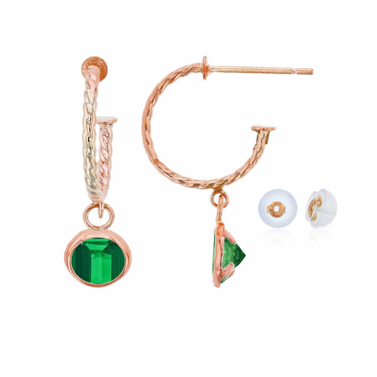 14K Rose Gold 12mm Rope Half-Hoop with 5mm Rd Created Emerald Bezel Drop Earring with Silicone Back