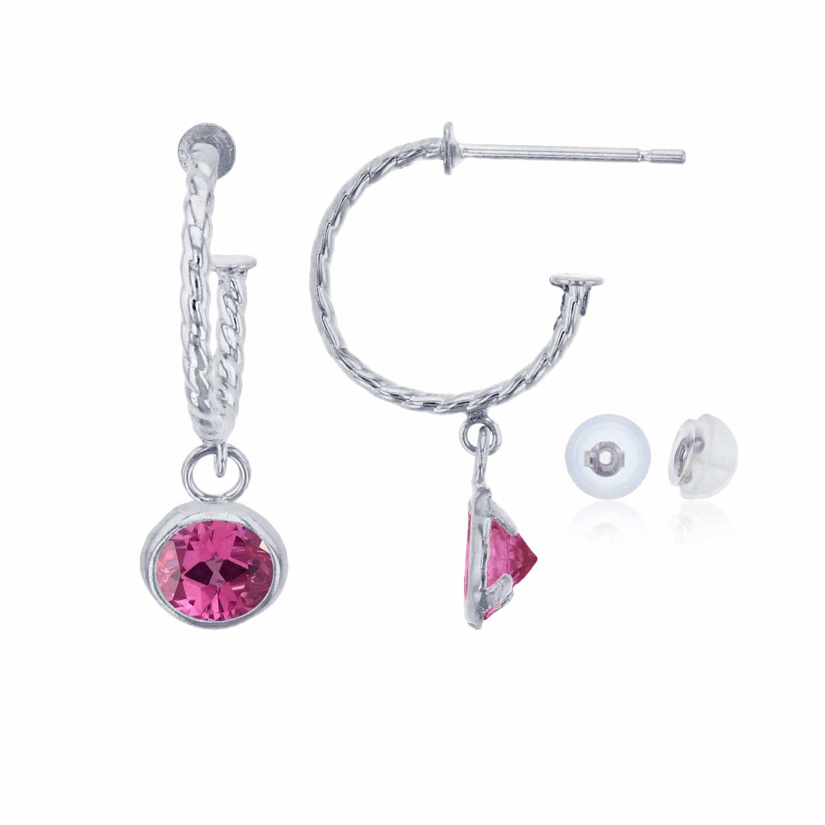 10K White Gold 12mm Rope Half-Hoop with 5mm Rd Pure Pink Bezel Drop Earring with Silicone Back