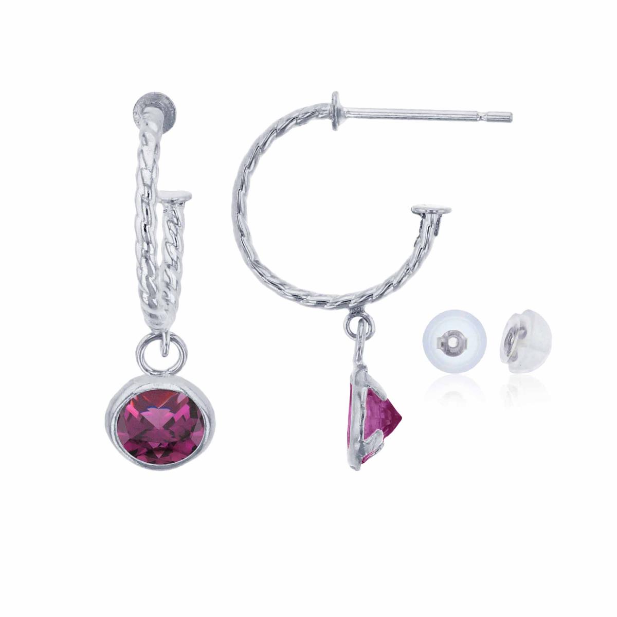 10K White Gold 12mm Rope Half-Hoop with 5mm Rd Rhodolite Bezel Drop Earring with Silicone Back