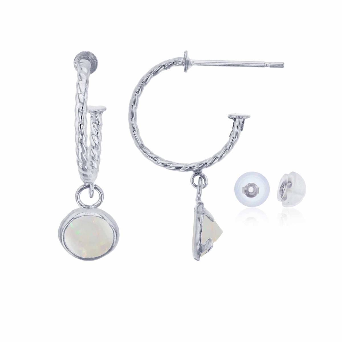 10K White Gold 12mm Rope Half-Hoop with 5mm Rd White Opal Bezel Drop Earring with Silicone Back
