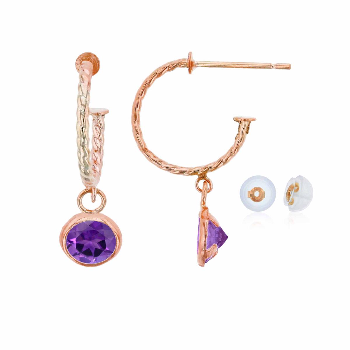 10K Rose Gold 12mm Rope Half-Hoop with 5mm Rd Amethyst Bezel Drop Earring with Silicone Back