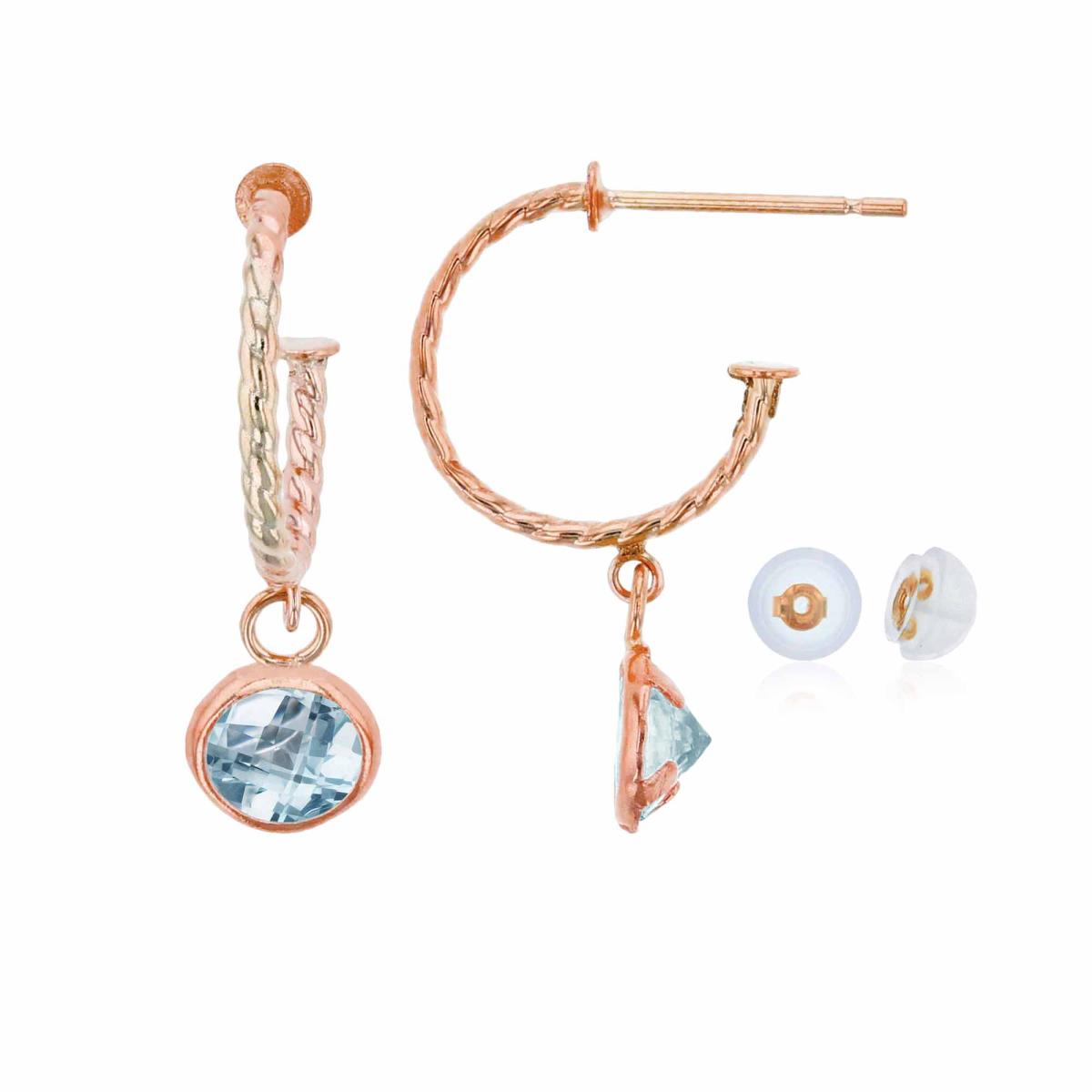 10K Rose Gold 12mm Rope Half-Hoop with 5mm Rd Aquamarine Bezel Drop Earring with Silicone Back