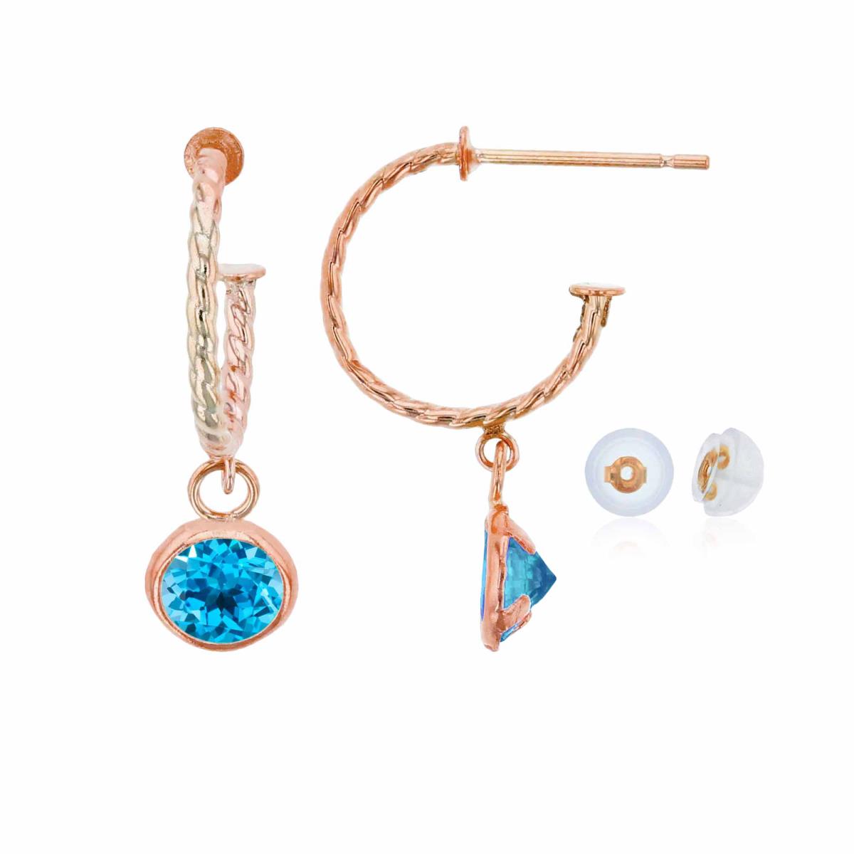 10K Rose Gold 12mm Rope Half-Hoop with 5mm Rd Swiss Blue Topaz Bezel Drop Earring with Silicone Back