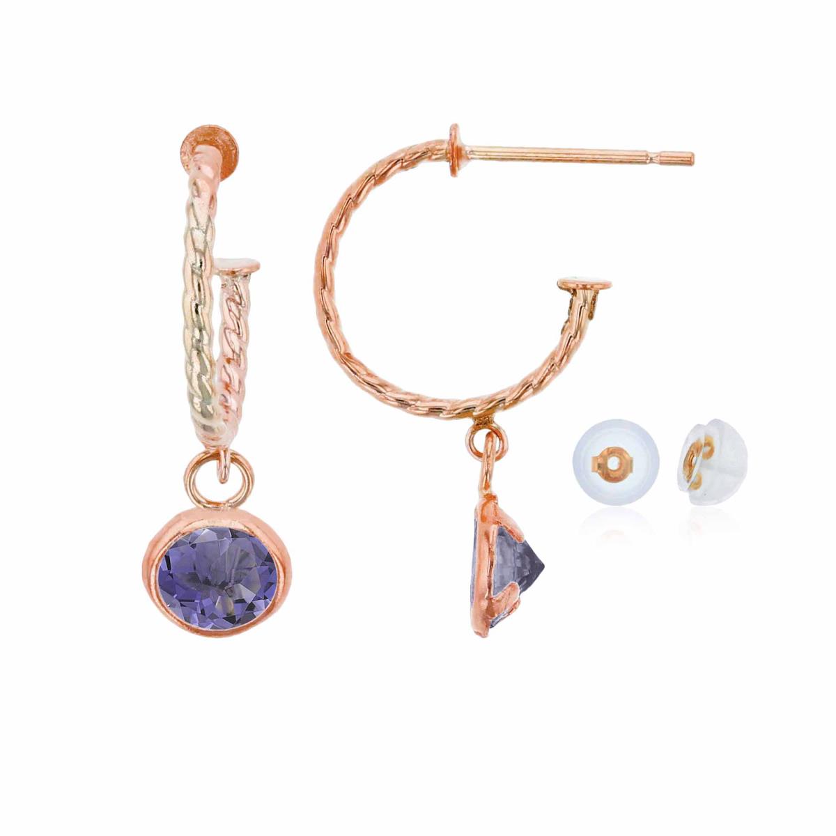 10K Rose Gold 12mm Rope Half-Hoop with 5mm Rd Iolite Bezel Drop Earring with Silicone Back
