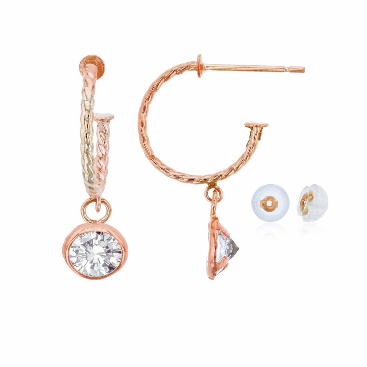 10K Rose Gold 12mm Rope Half-Hoop with 5mm Rd White Topaz Bezel Drop Earring with Silicone Back