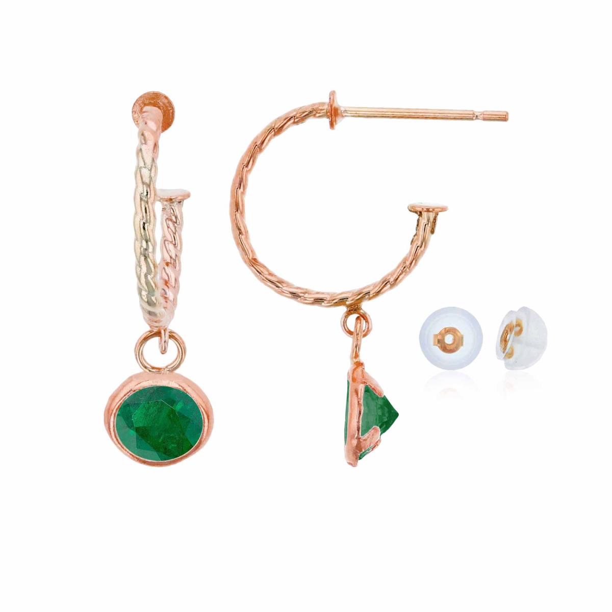 10K Rose Gold 12mm Rope Half-Hoop with 5mm Rd Emerald Bezel Drop Earring with Silicone Back