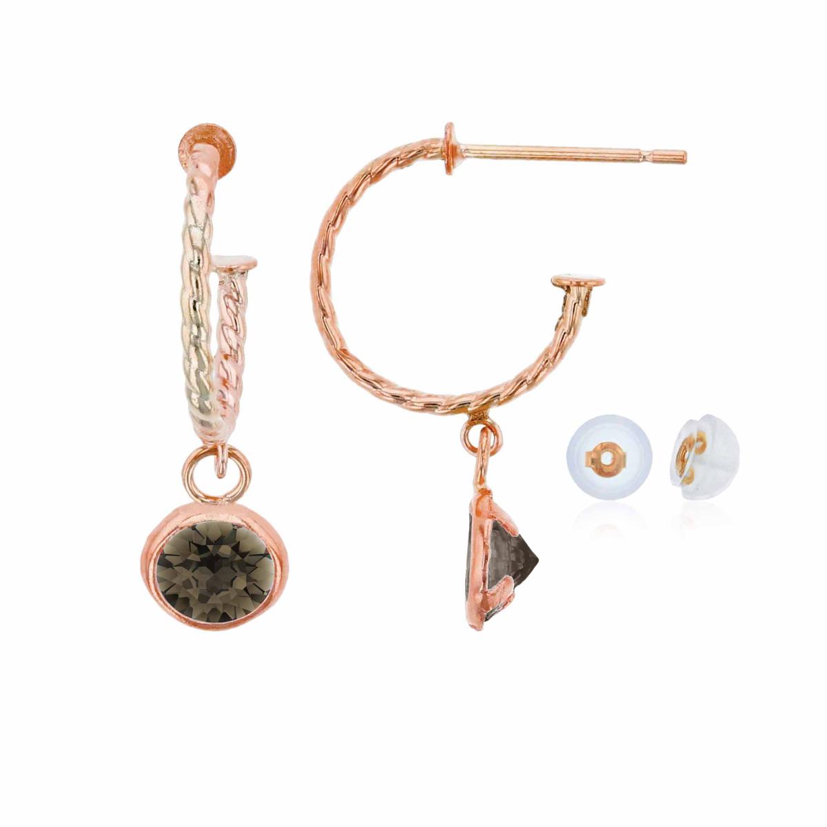 10K Rose Gold 12mm Rope Half-Hoop with 5mm Rd Smokey Quartz Bezel Drop Earring with Silicone Back
