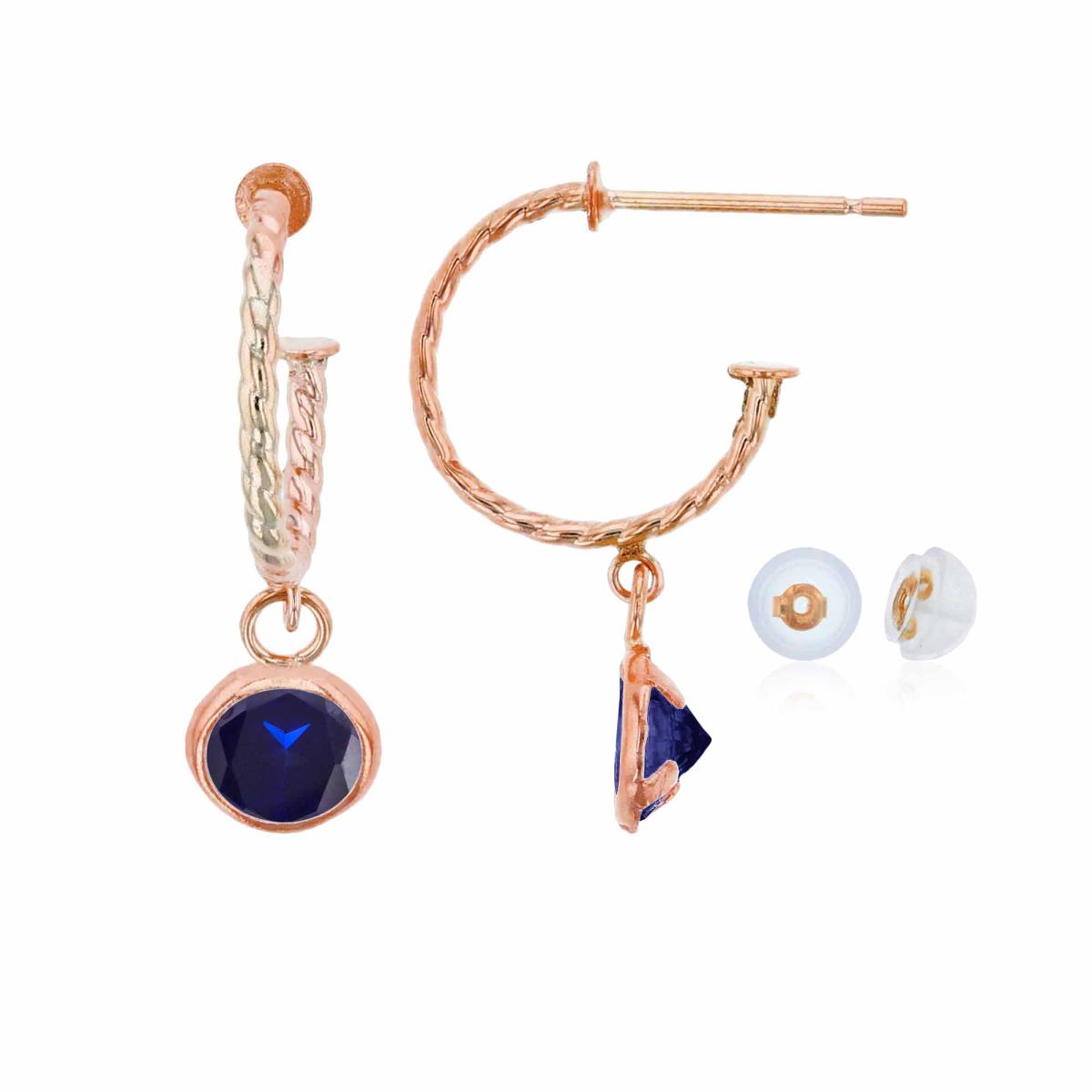10K Rose Gold 12mm Rope Half-Hoop with 5mm Rd Created Blue Sapphire Bezel Drop Earring with Silicone Back