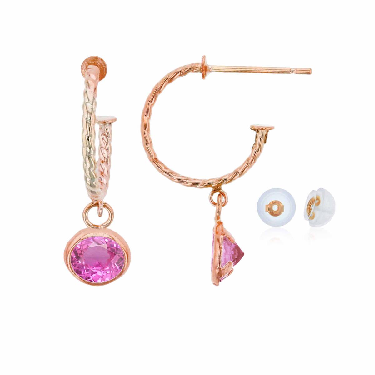 10K Rose Gold 12mm Rope Half-Hoop with 5mm Rd Created Pink Sapphire Bezel Drop Earring with Silicone Back