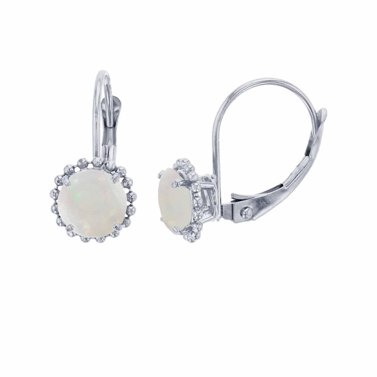 14K White Gold 6mm Rd Opal CS Bead Frame Lever-Back Earring