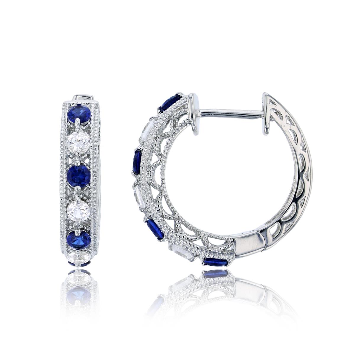 10K White & Created Blue and White Sapphire Milgraine Hoop Earring