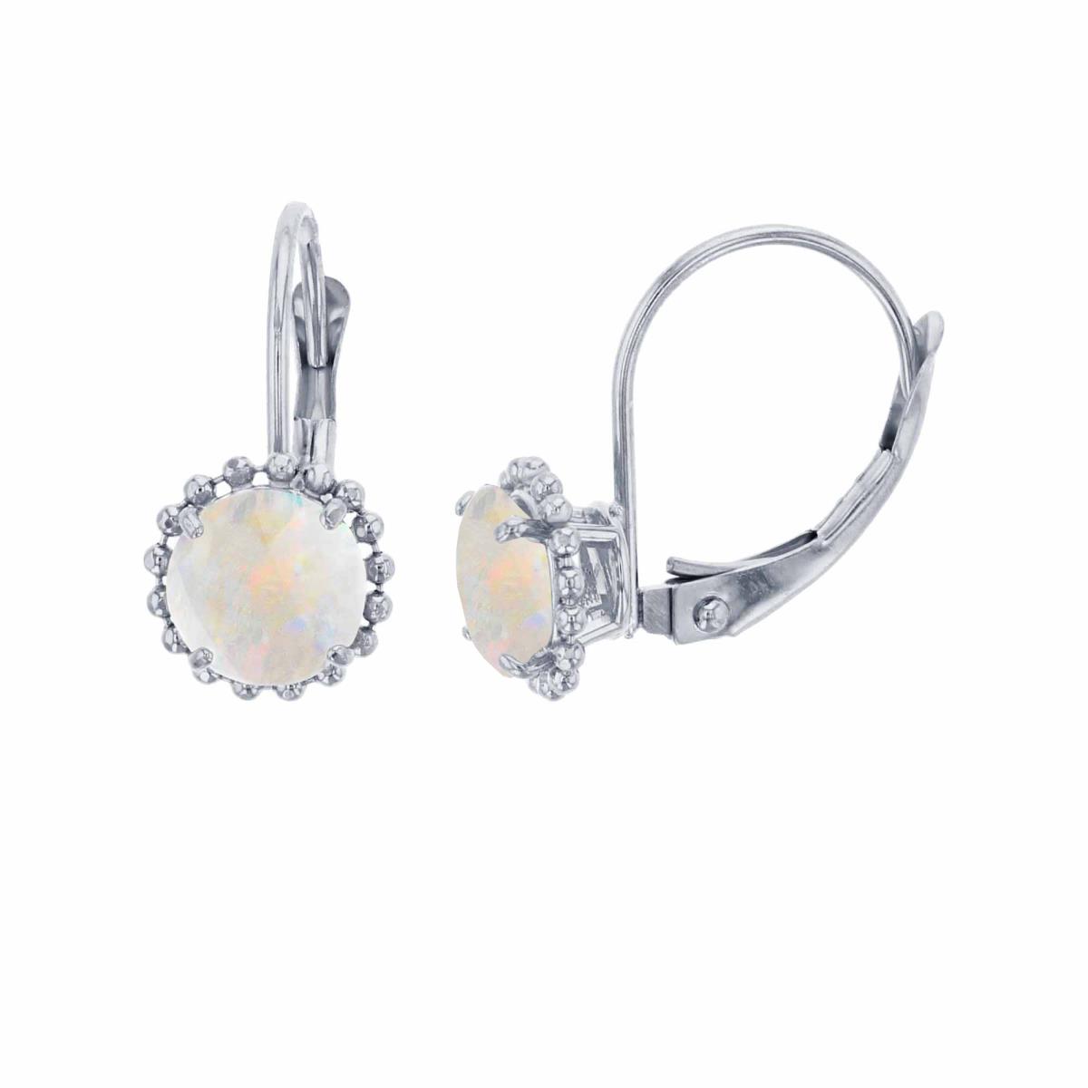 14K White Gold 6mm Rd Created Opal CS Bead Frame Lever-Back Earring
