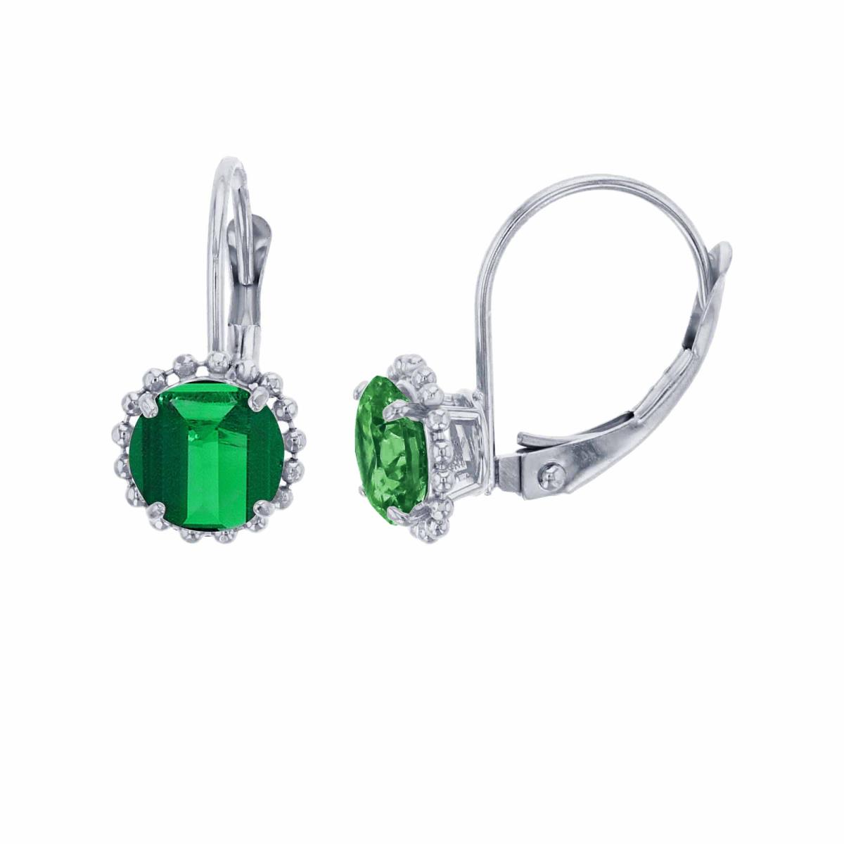 14K White Gold 6mm Rd Created Emerald CS Bead Frame Lever-Back Earring