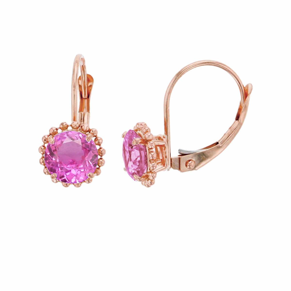 14K Rose Gold 6mm Rd Created Pink Sapphire CS Bead Frame Lever-Back Earring