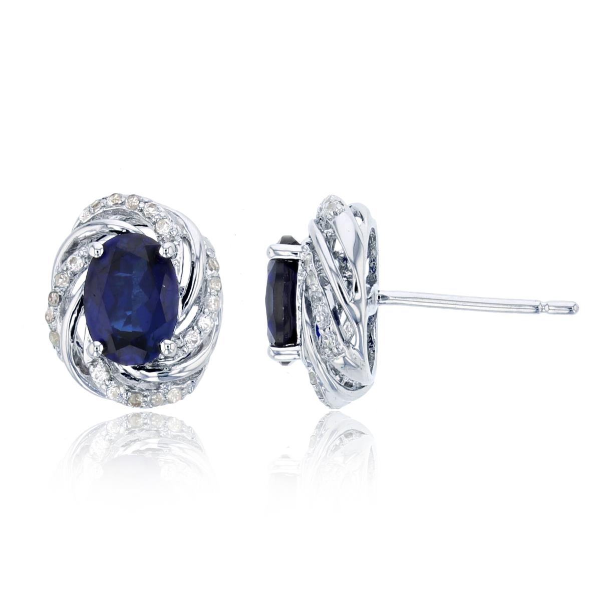 Sterling Silver Rhodium Ov Cr. Blue Sapphire & Rnd Cr White Sapphire OV-Stud Earring