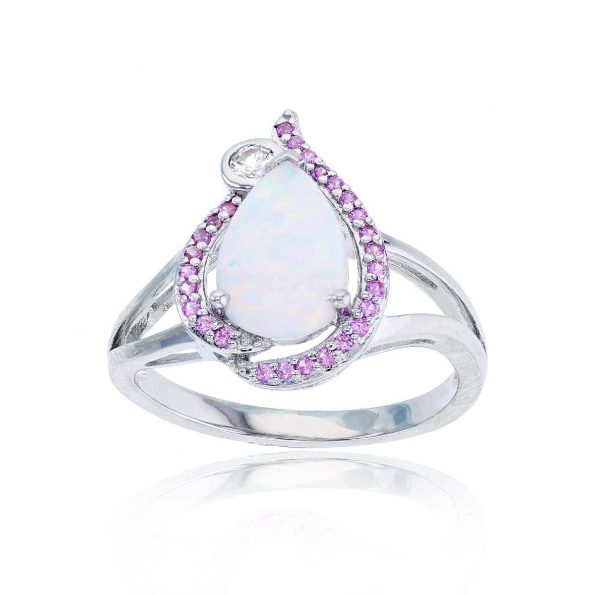 Sterling Silver Rhodium 10X7mm PS Cr Opal & Small Rnd Cr Pink/White Sap PS-shape Ring