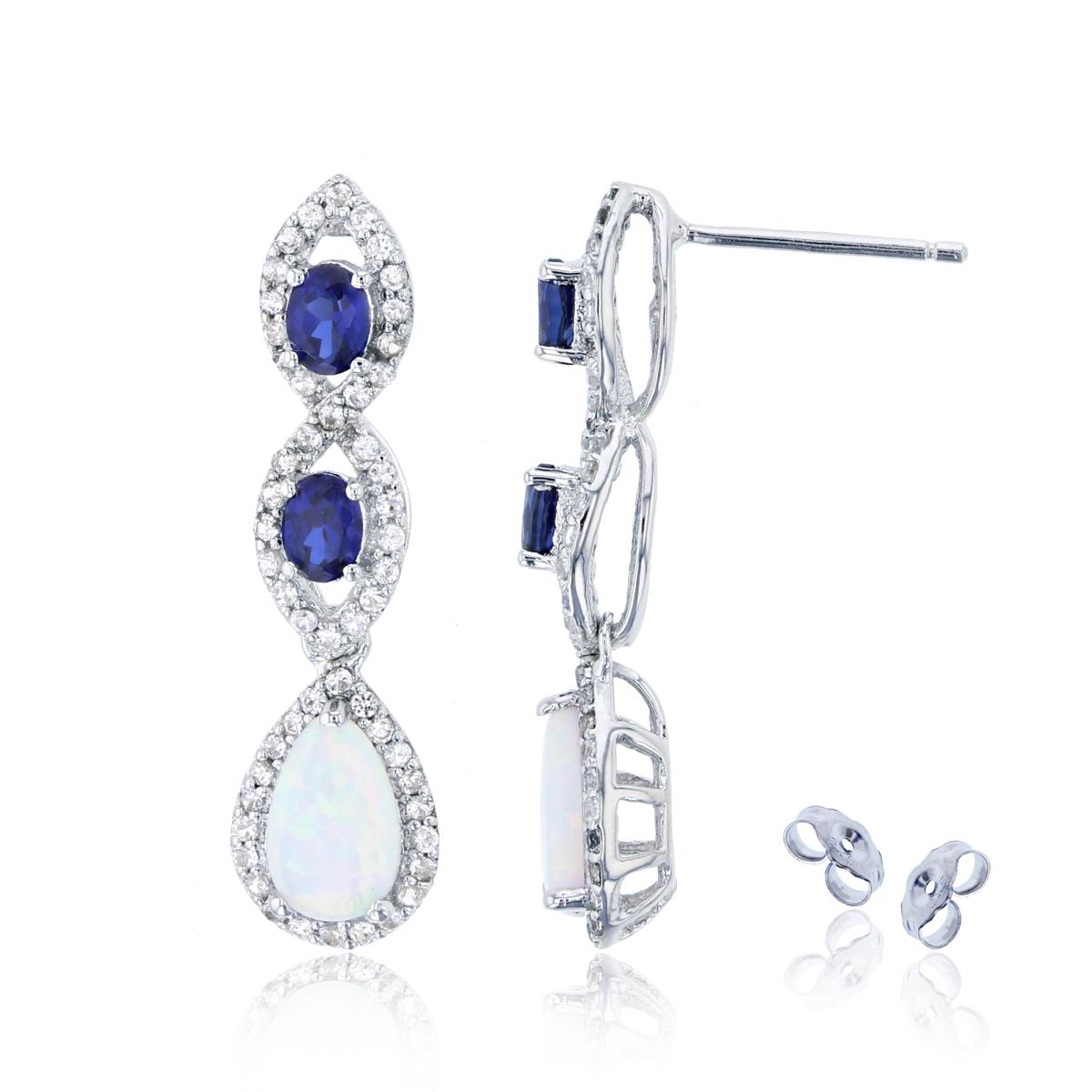 Sterling Silver Rhodium PS Cr Opal /Ov Cr Blue & Rnd Cr White Sap 3-Linked Vertical Dangling Earring