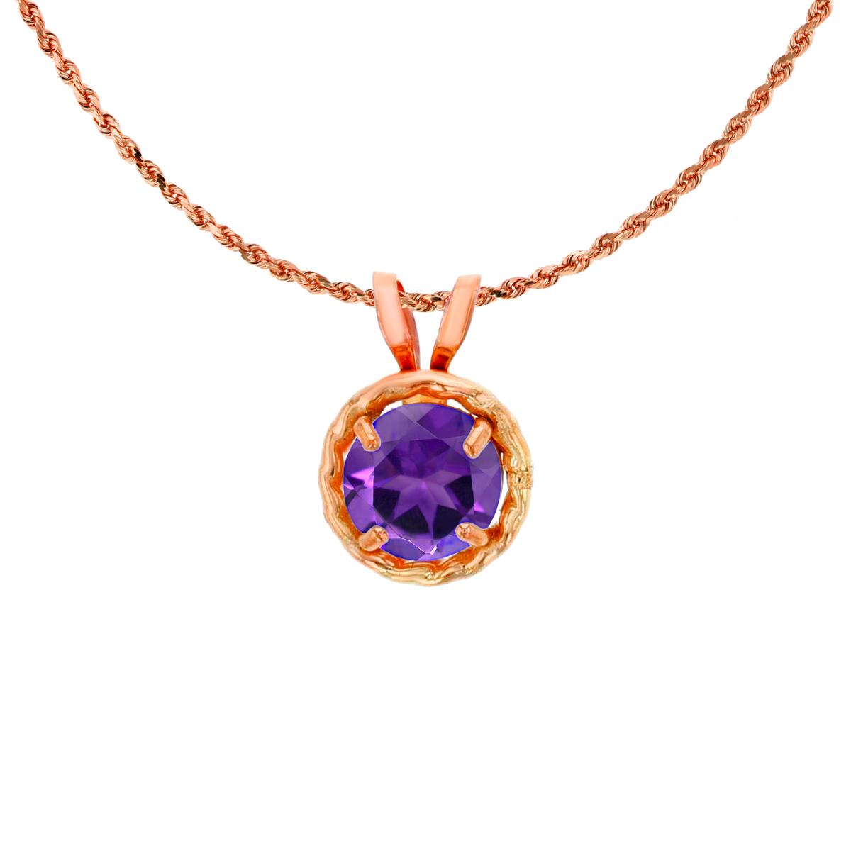 14K Rose Gold 5mm Rd Amethyst Rope Frame Rabbit Ear 18" Rope Chain Necklace