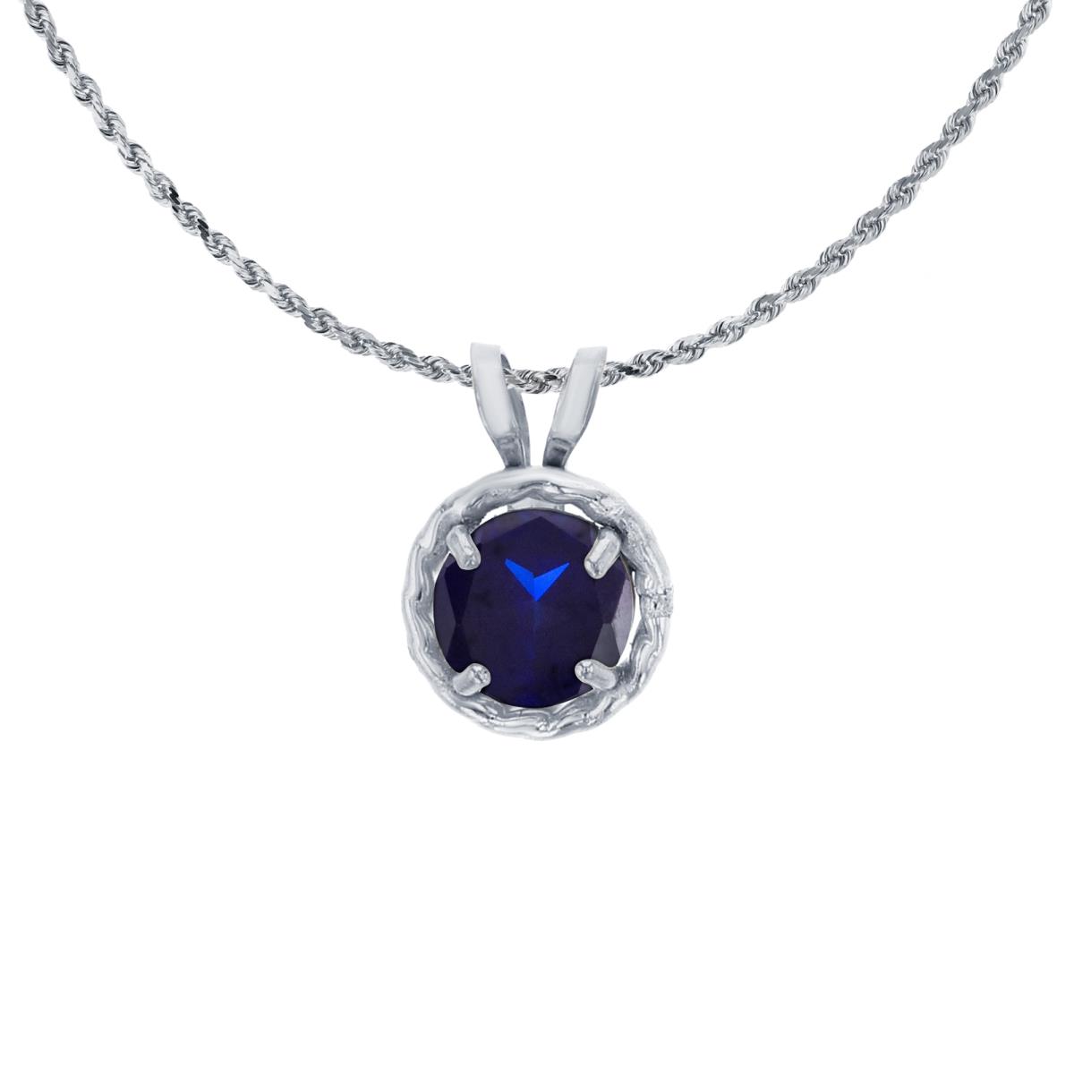 14K White Gold 5mm Rd Created Blue Sapphire Rope Frame Rabbit Ear 18" Rope Chain Necklace