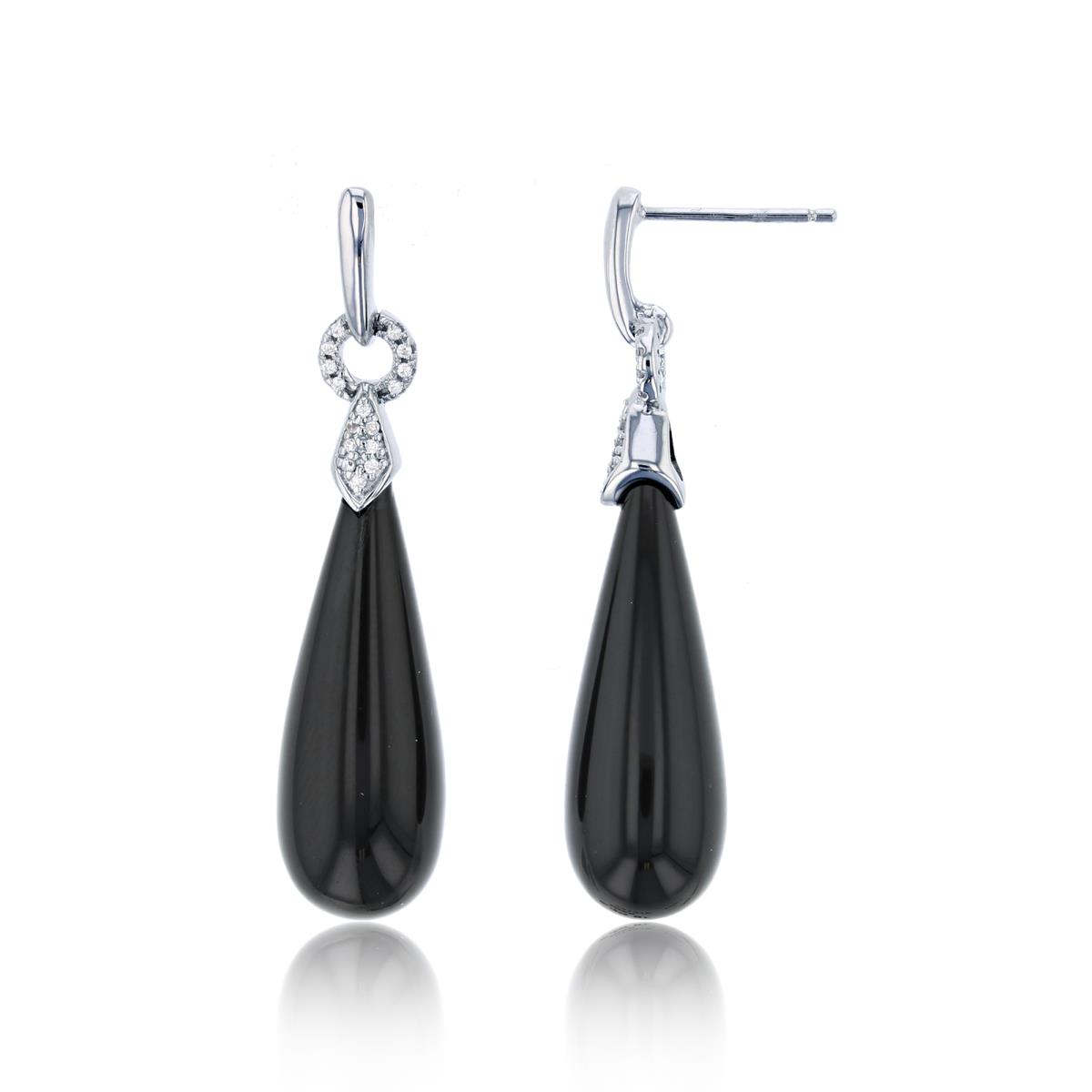 Sterling Silver Rhodium 0.064cttw Diam &18X8mm Inlay Onyx Dangling Drop Earrings