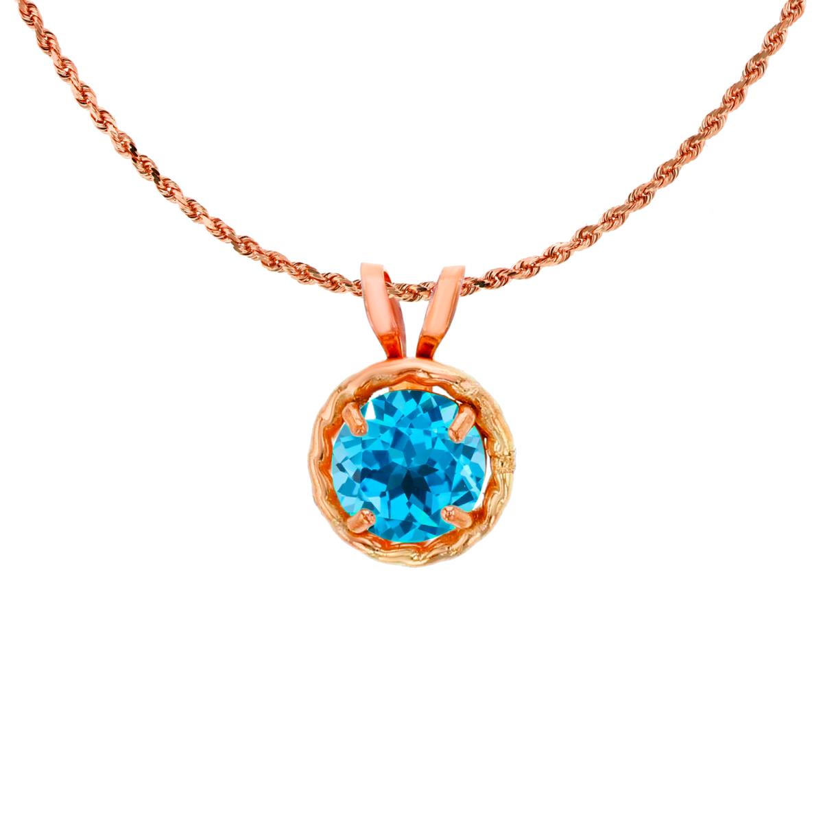 10K Rose Gold 5mm Rd Swiss Blue Topaz Rope Frame Rabbit Ear 18" Rope Chain Necklace