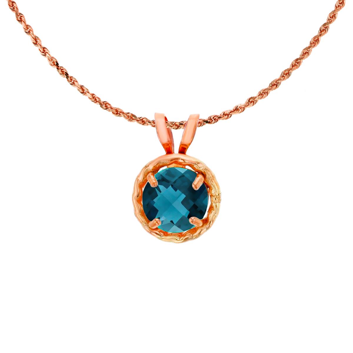 10K Rose Gold 5mm Rd London Blue Topaz Rope Frame Rabbit Ear 18" Rope Chain Necklace