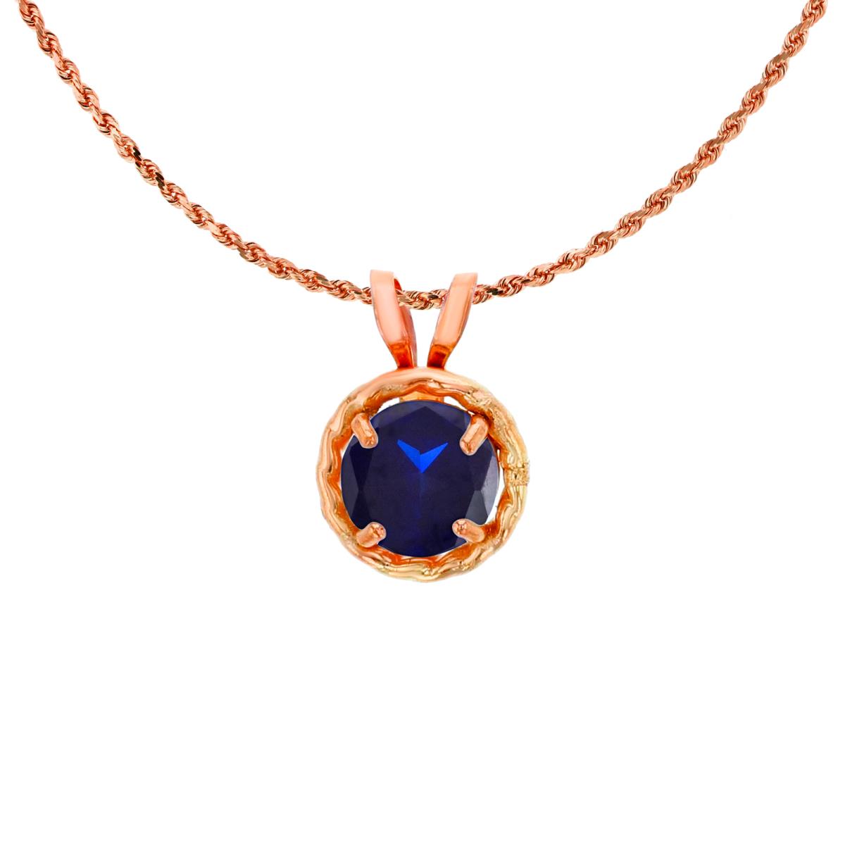 10K Rose Gold 5mm Rd Created Blue Sapphire Rope Frame Rabbit Ear 18" Rope Chain Necklace