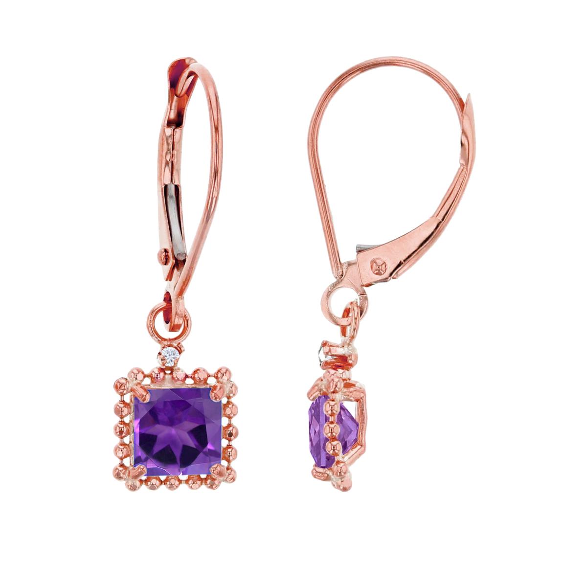 10K Rose Gold 1.25mm Rd White Topaz & 5mm Sq Amethyst Bead Frame Drop Lever-Back Earring
