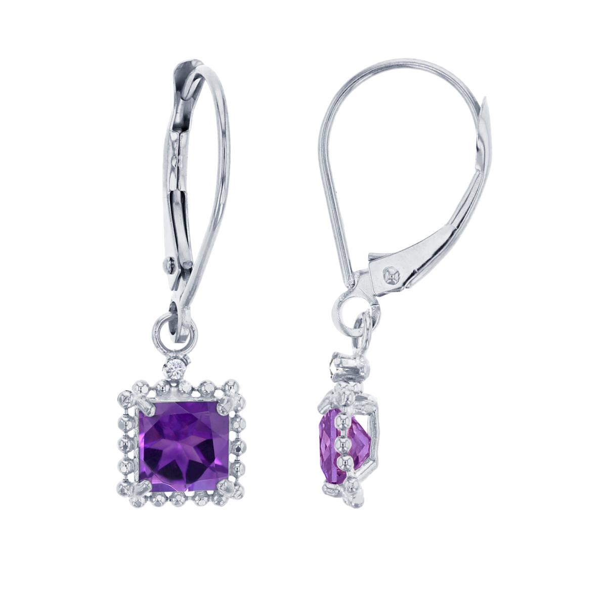 14K White Gold 1.25mm Rd Created White Sapphire & 5mm Sq Amethyst Bead Frame Drop Lever-Back Earring