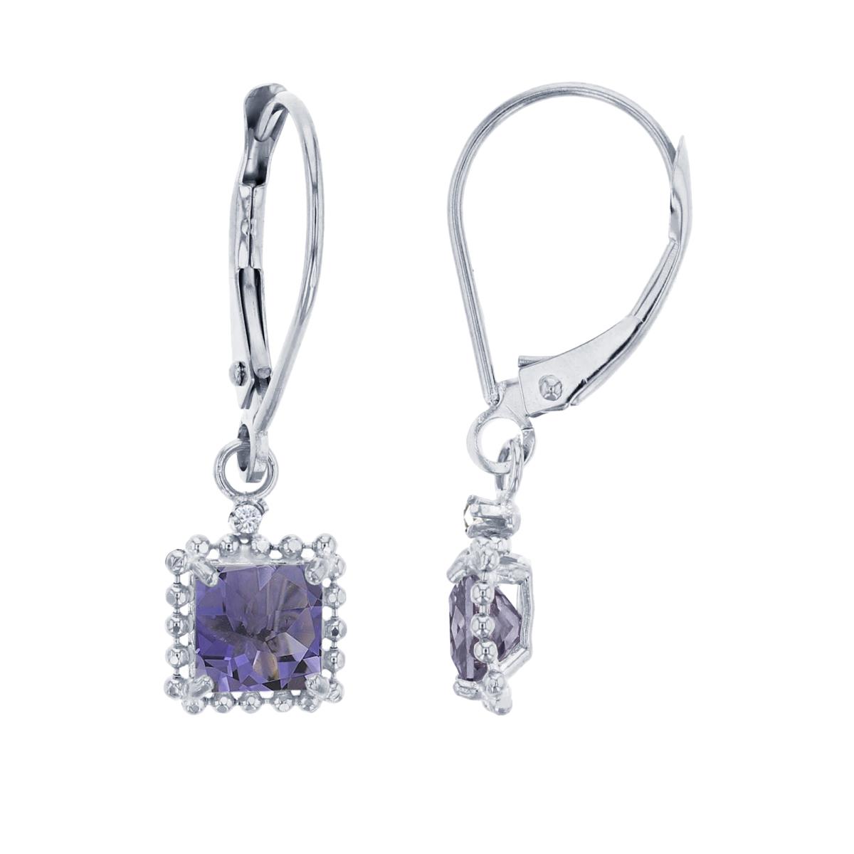 14K White Gold 1.25mm Rd Created White Sapphire & 5mm Sq Iolite Bead Frame Drop Lever-Back Earring