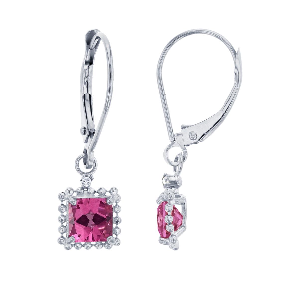 14K White Gold 1.25mm Rd Created White Sapphire & 5mm Sq Pure Pink Bead Frame Drop Lever-Back Earring
