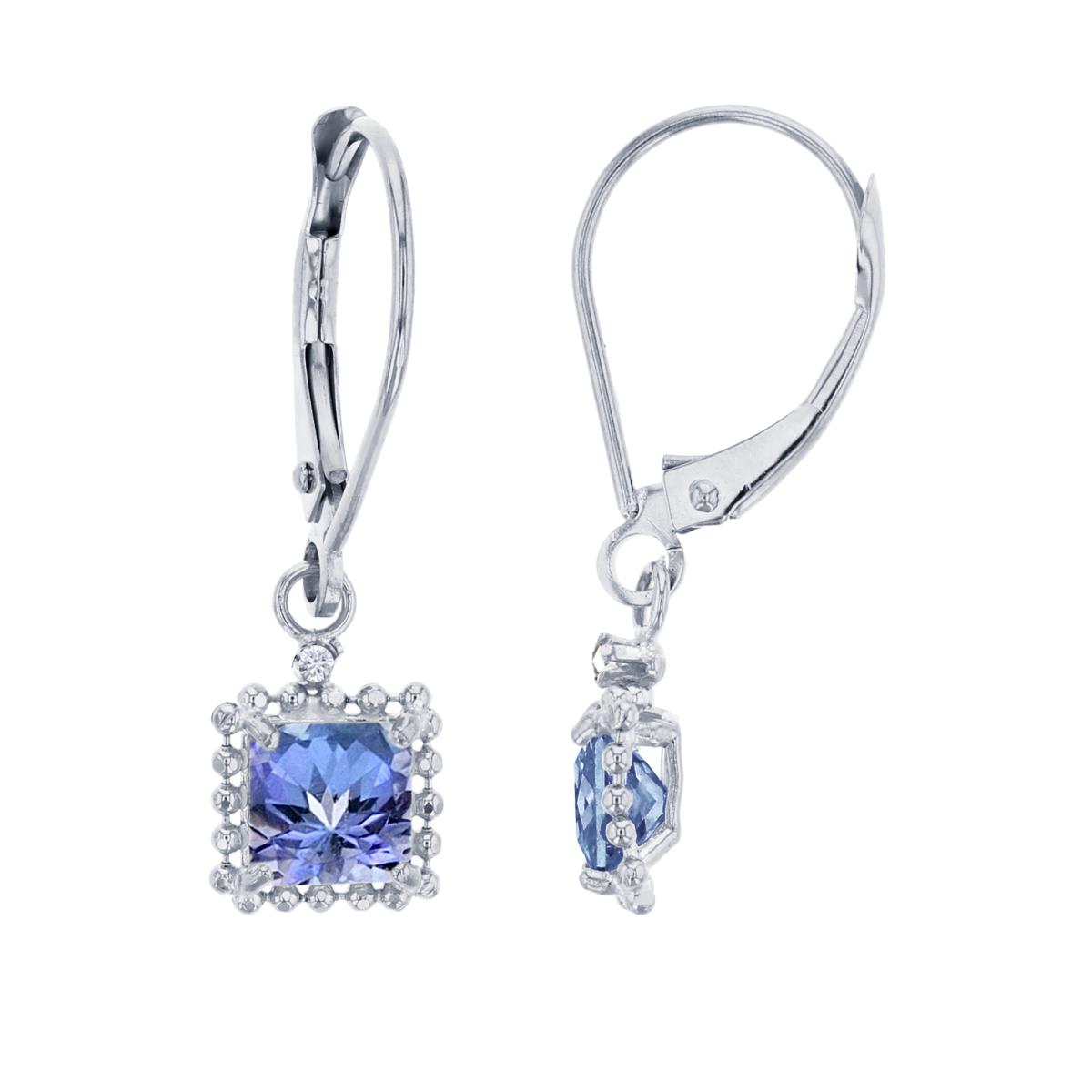 14K White Gold 1.25mm Rd Created White Sapphire & 5mm Sq Tanzanite Bead Frame Drop Lever-Back Earring