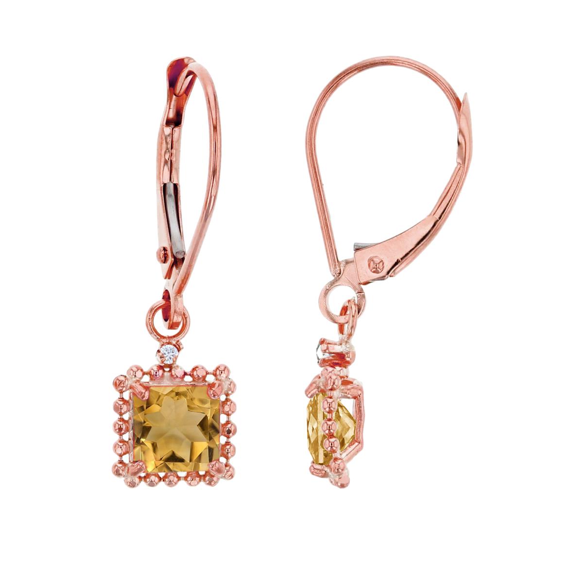 14K Rose Gold 1.25mm Rd Created White Sapphire & 5mm Sq Citrine Bead Frame Drop Lever-Back Earring