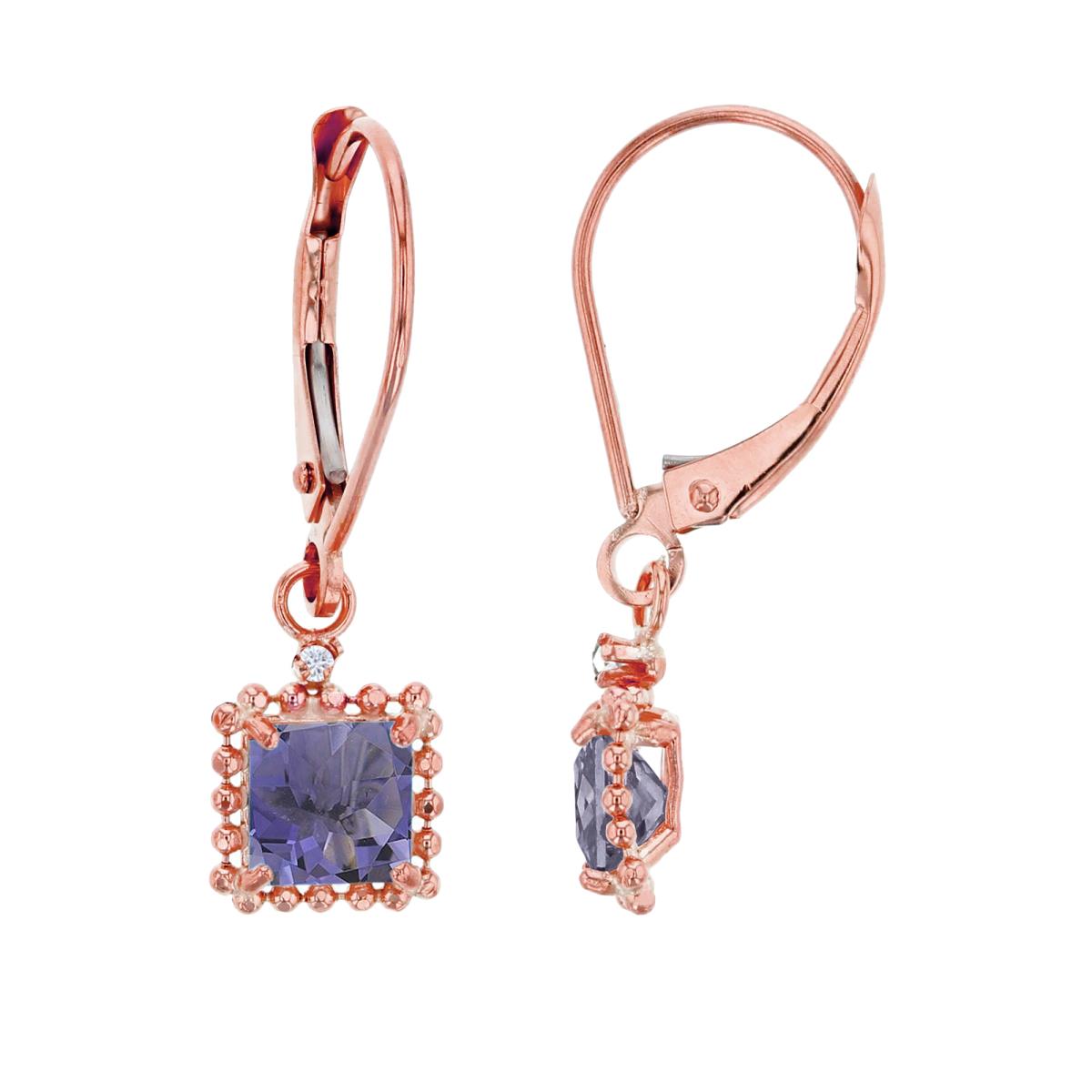14K Rose Gold 1.25mm Rd Created White Sapphire & 5mm Sq Iolite Bead Frame Drop Lever-Back Earring