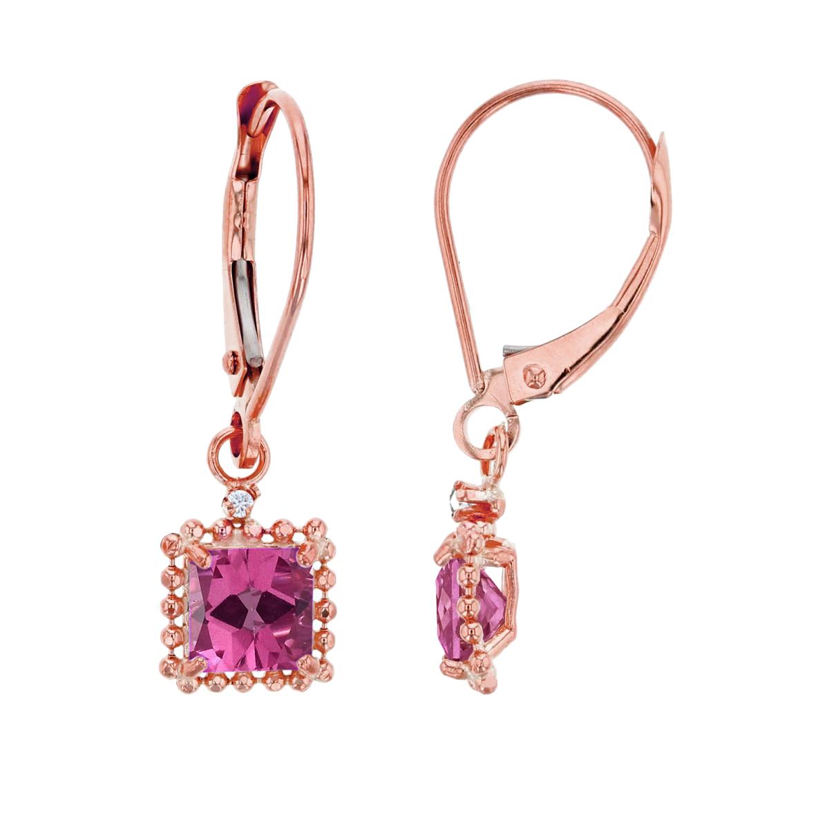 14K Rose Gold 1.25mm Rd Created White Sapphire & 5mm Sq Pure Pink Bead Frame Drop Lever-Back Earring