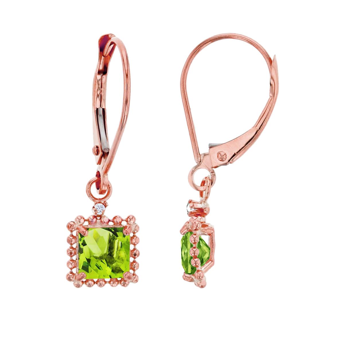 14K Rose Gold 1.25mm Rd Created White Sapphire & 5mm Sq Peridot Bead Frame Drop Lever-Back Earring