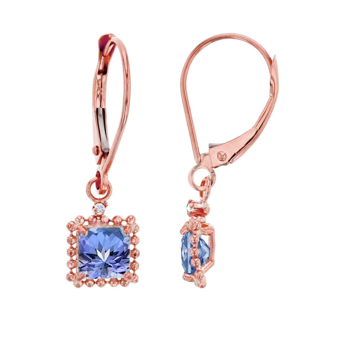 14K Rose Gold 1.25mm Rd Created White Sapphire & 5mm Sq Tanzanite Bead Frame Drop Lever-Back Earring