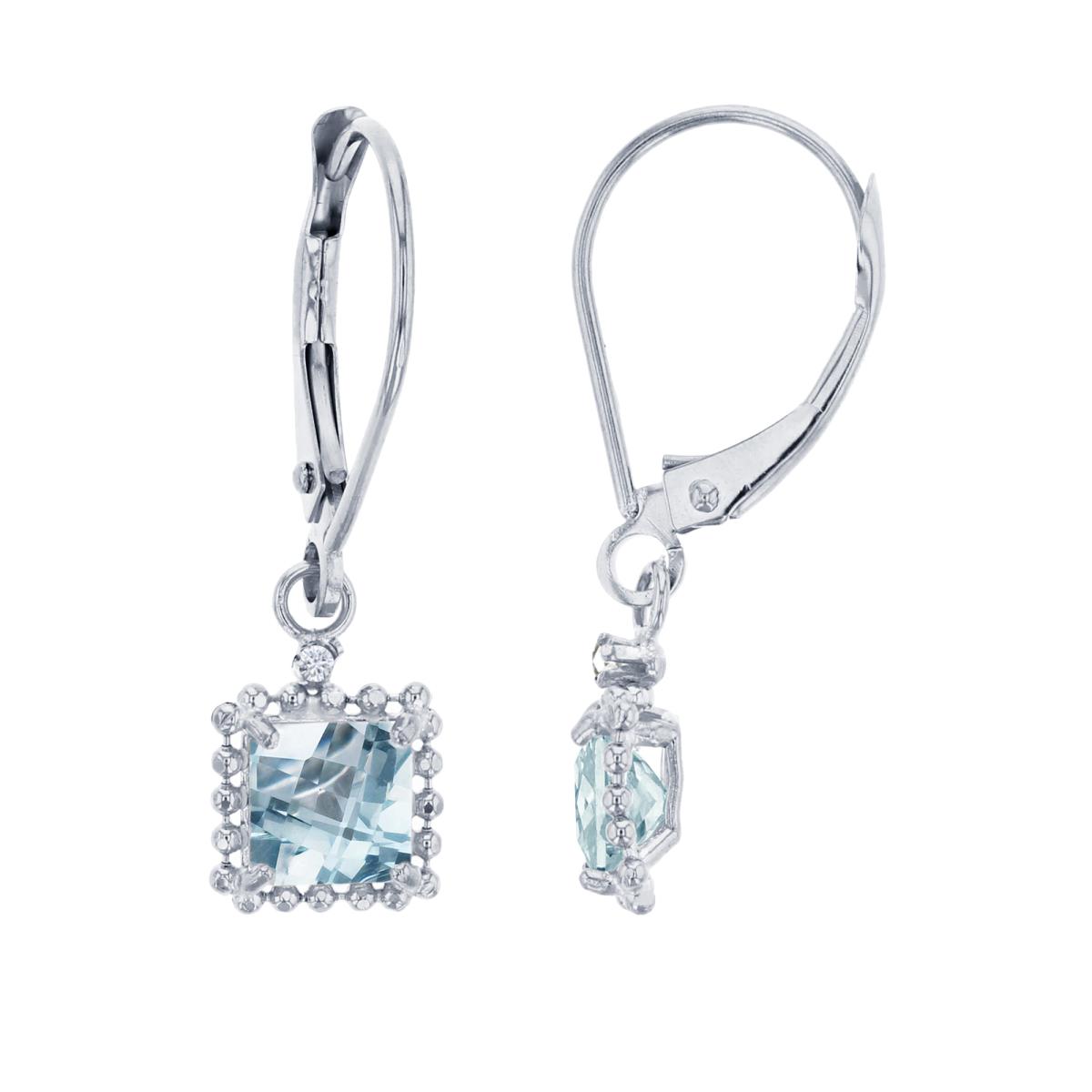 10K White Gold 1.25mm Rd Created White Sapphire & 5mm Sq Aquamarine Bead Frame Drop Lever-Back Earring