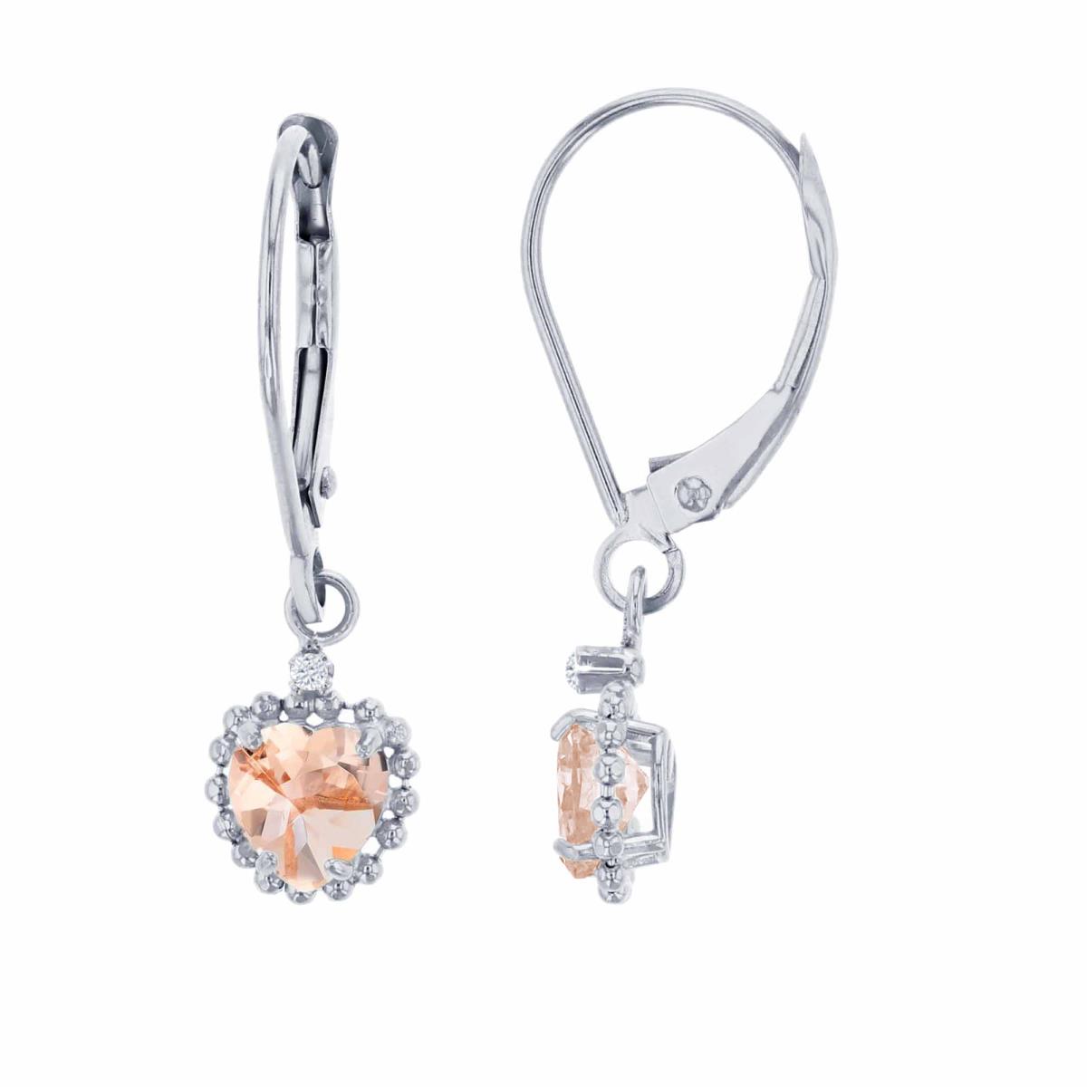 14K White Gold 1.25mm Rd White Topaz & 5mm Hrt Morganite Bead Frame Drop Lever-Back Earring