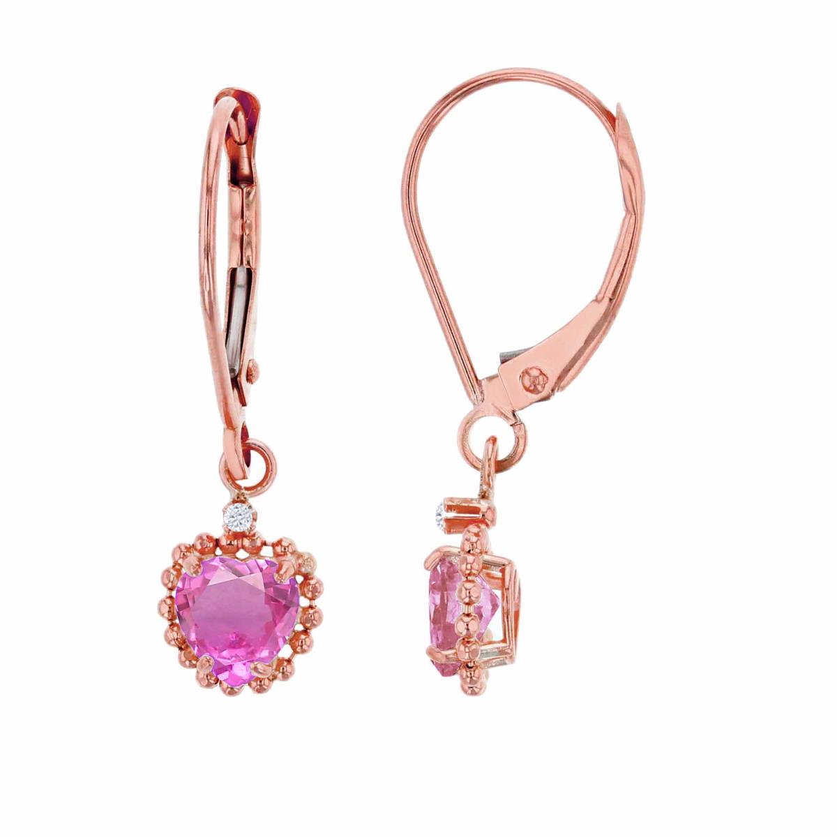 14K Rose Gold 1.25mm Rd White Topaz & 5mm Hrt Created Pink Sapphire Bead Frame Drop Lever-Back Earring