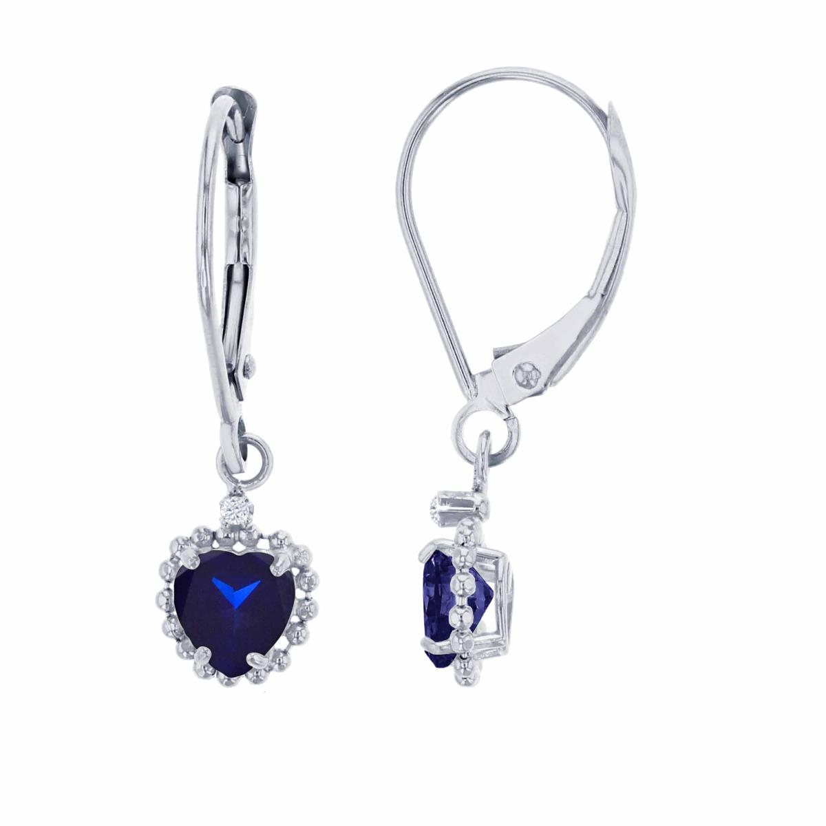 10K White Gold 1.25mm Rd White Topaz & 5mm Hrt Created Blue Sapphire Bead Frame Drop Lever-Back Earring